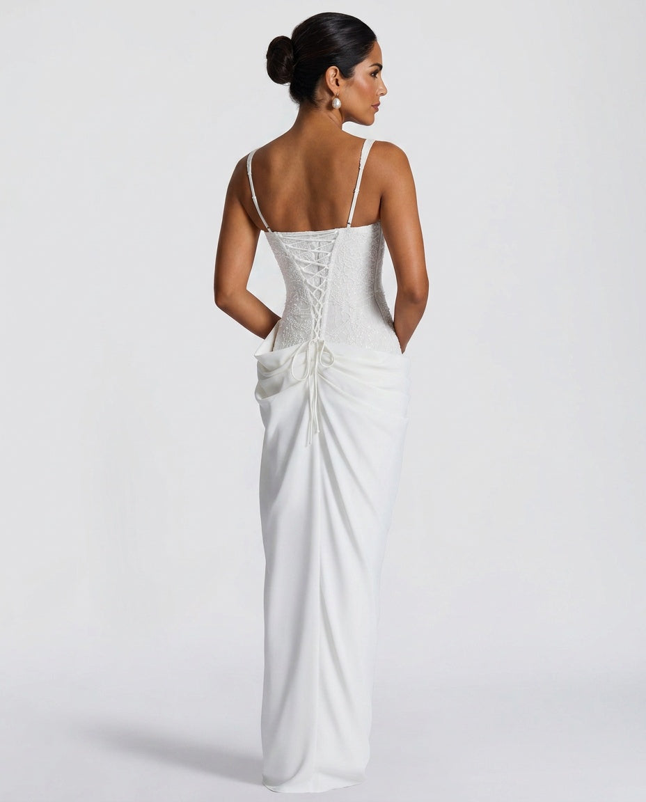 Sienna White Lace And Sequin Corset Maxi Dress - White