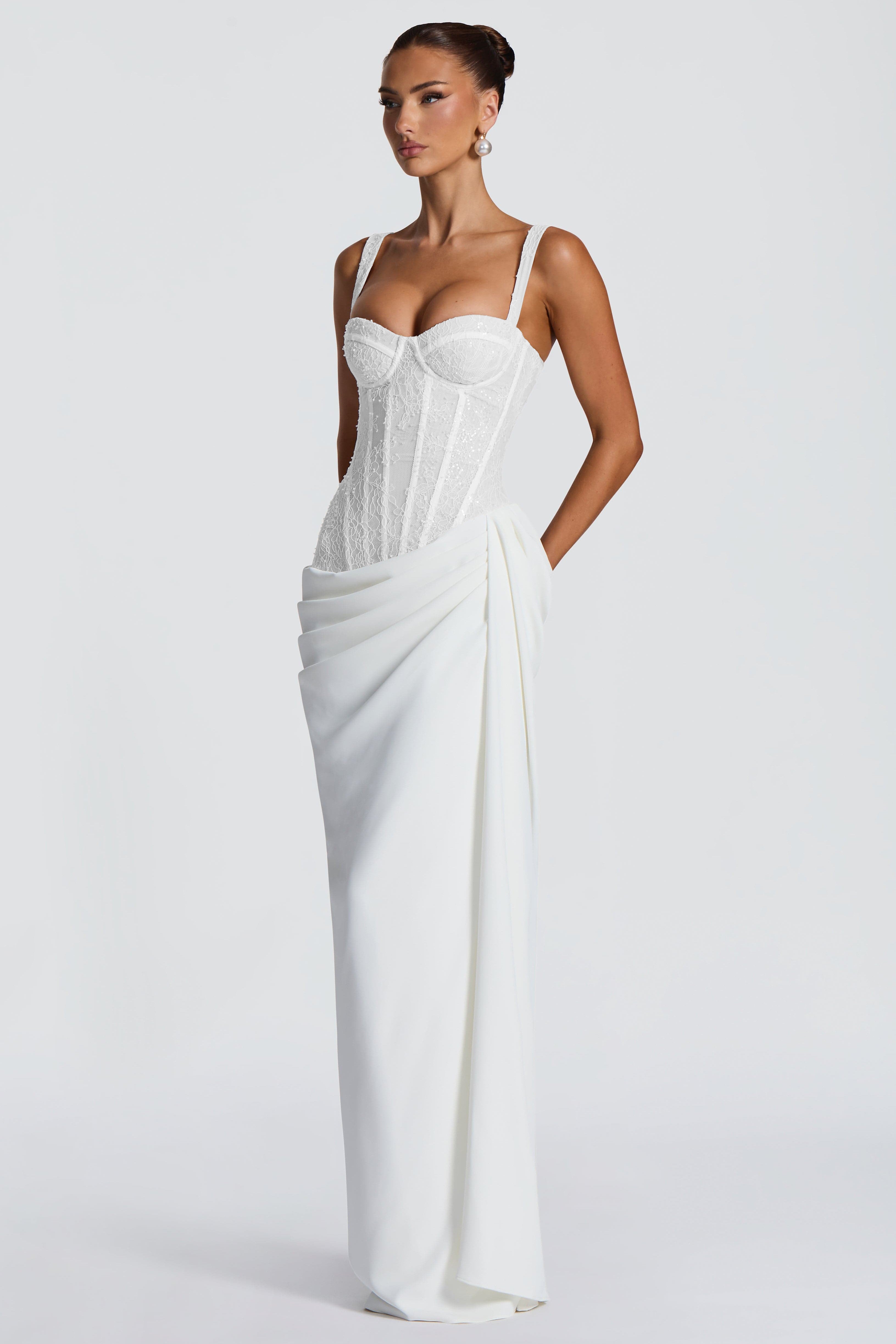 Sienna White Lace And Sequin Corset Maxi Dress - White
