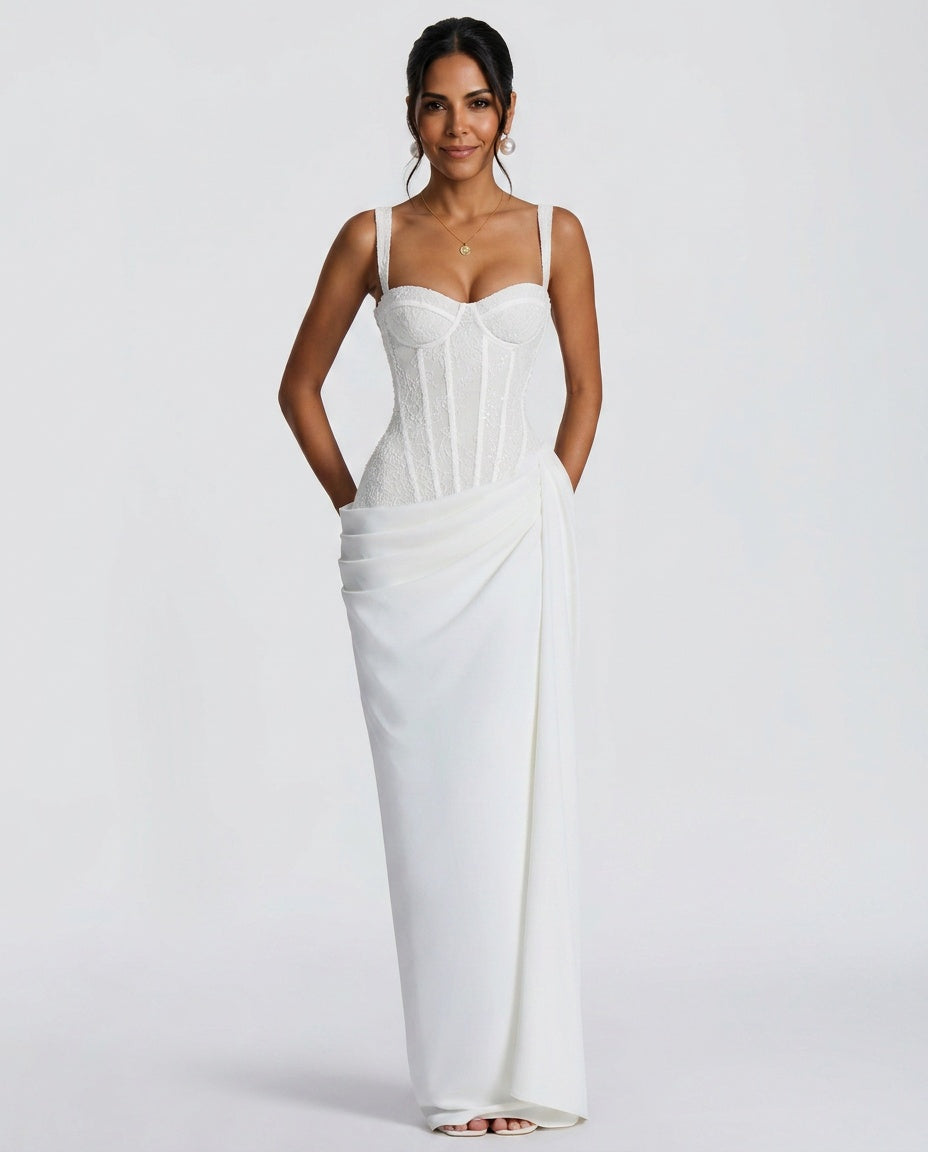 Sienna White Lace And Sequin Corset Maxi Dress - White
