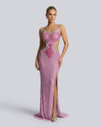 Soraya Hot Pink Beaded Mesh Sweetheart Maxi Dress - Hot Pink