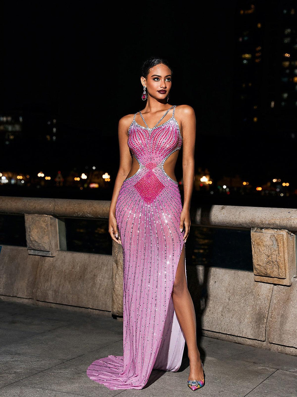 Soraya Hot Pink Beaded Mesh Sweetheart Maxi Dress - Hot Pink