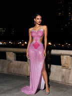 Soraya Hot Pink Beaded Mesh Sweetheart Maxi Dress - Hot Pink