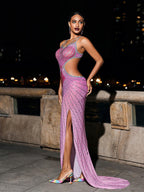 Soraya Hot Pink Beaded Mesh Sweetheart Maxi Dress - Hot Pink