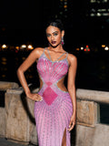 Soraya Hot Pink Beaded Mesh Sweetheart Maxi Dress - Hot Pink