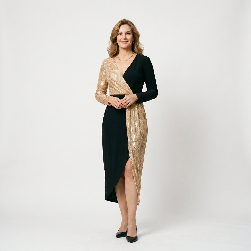 Stellara Long Sleeve Sequin Asymmetric Midi Dress - Black
