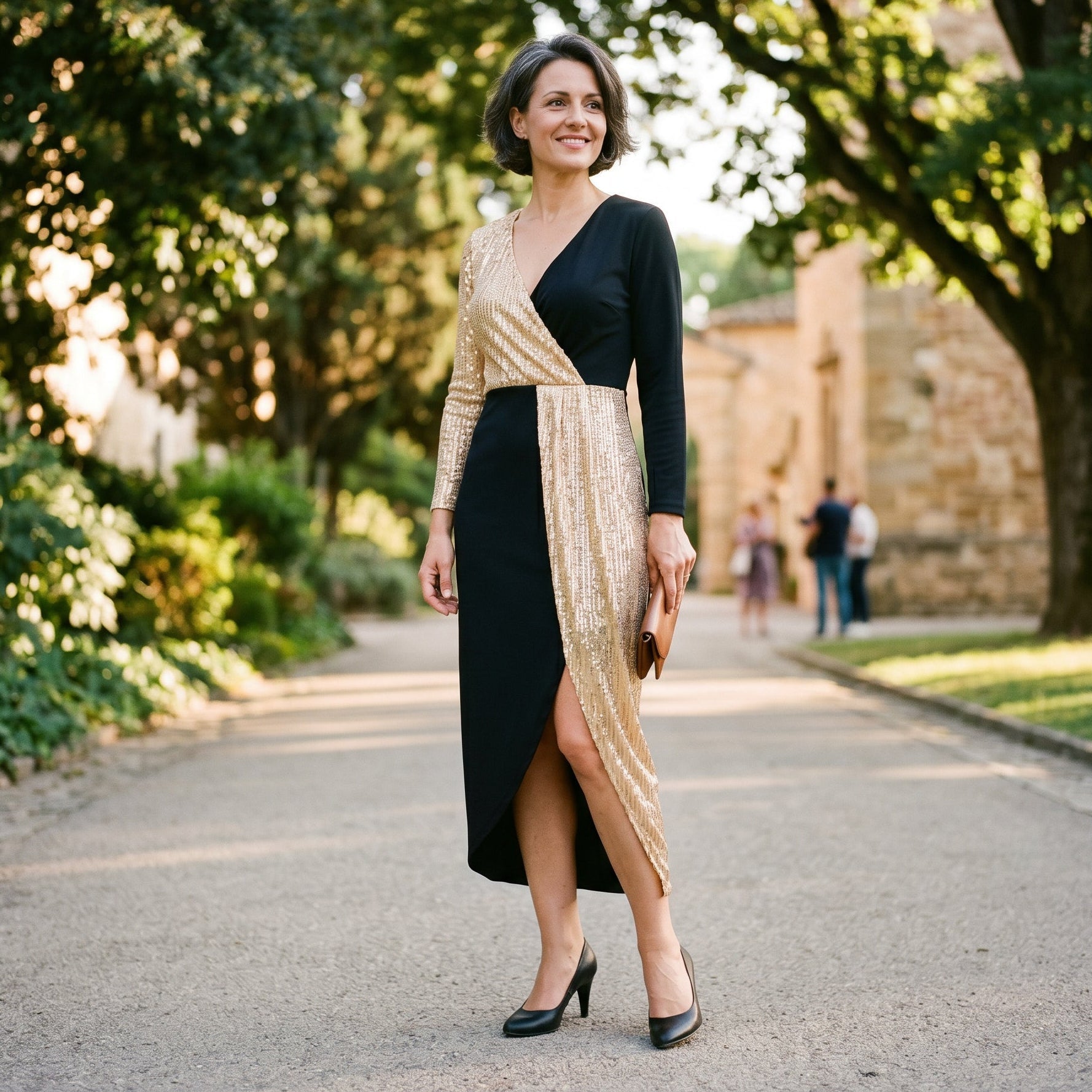Stellara Long Sleeve Sequin Asymmetric Midi Dress - Black