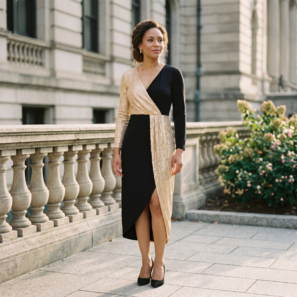 Stellara Long Sleeve Sequin Asymmetric Midi Dress - Black
