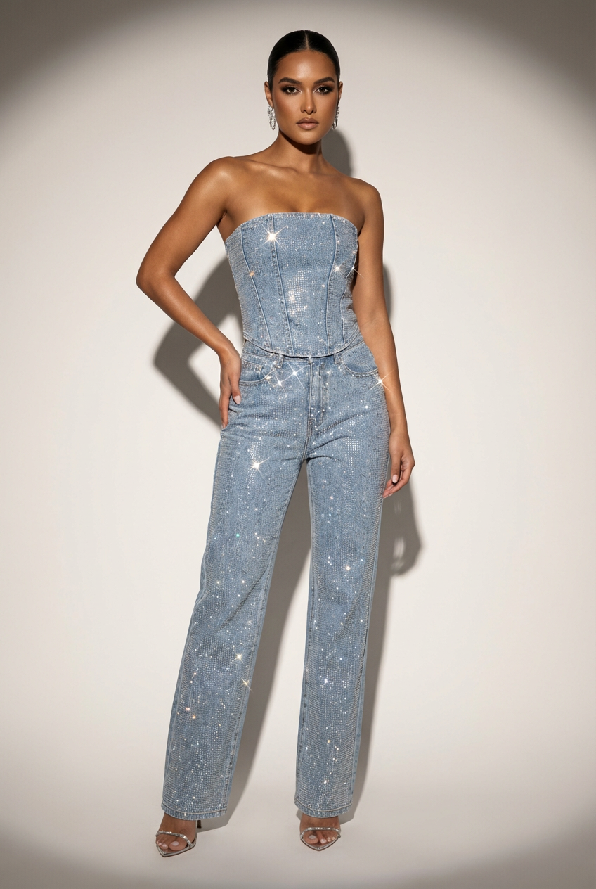 Stelline Strapless Metallic Sheen Two-Piece Set - Blue