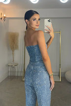 Stelline Strapless Metallic Sheen Two-Piece Set - Blue