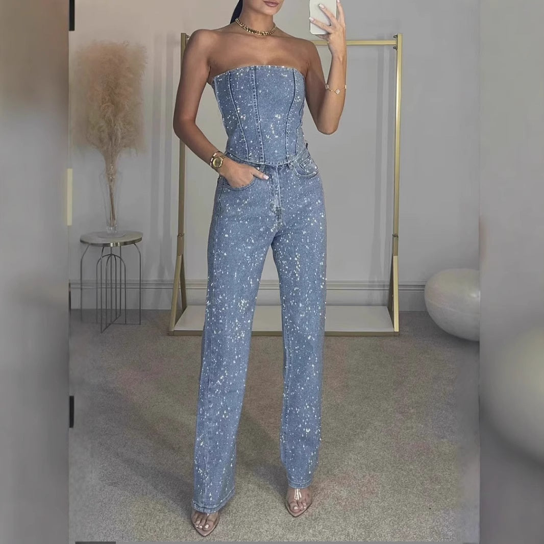 Stelline Strapless Metallic Sheen Two-Piece Set - Blue