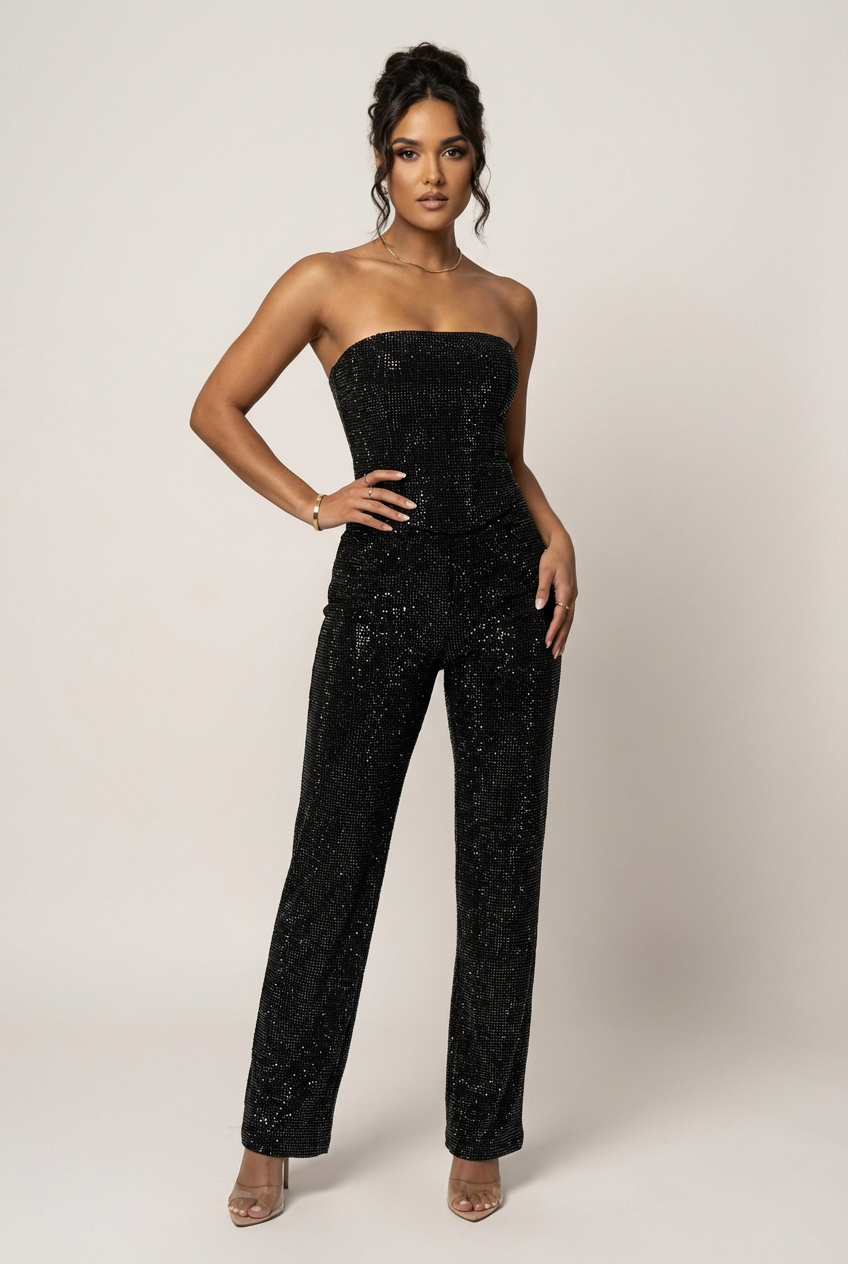 Stelline Strapless Metallic Sheen Two-Piece Set - Black