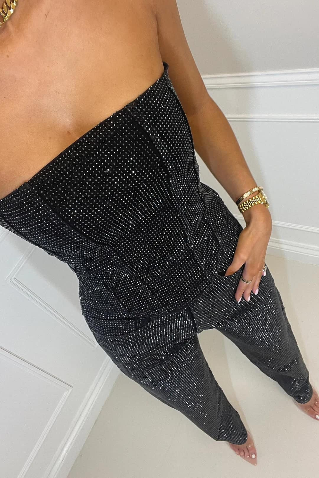 Stelline Strapless Metallic Sheen Two-Piece Set - Black