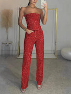 Stelline Strapless Metallic Sheen Two-Piece Set - Red
