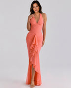 Talia Mesh Corset Ruched Asymmetric Maxi Dress - Pink