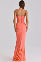 Talia Mesh Corset Ruched Asymmetric Maxi Dress - Pink