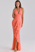 Talia Mesh Corset Ruched Asymmetric Maxi Dress - Pink