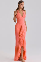 Talia Mesh Corset Ruched Asymmetric Maxi Dress - Pink
