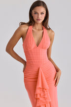 Talia Mesh Corset Ruched Asymmetric Maxi Dress - Pink