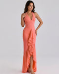 Talia Mesh Corset Ruched Asymmetric Maxi Dress - Pink