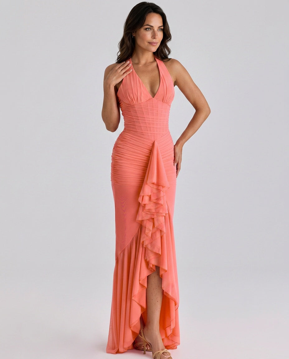 Talia Mesh Corset Ruched Asymmetric Maxi Dress - Pink