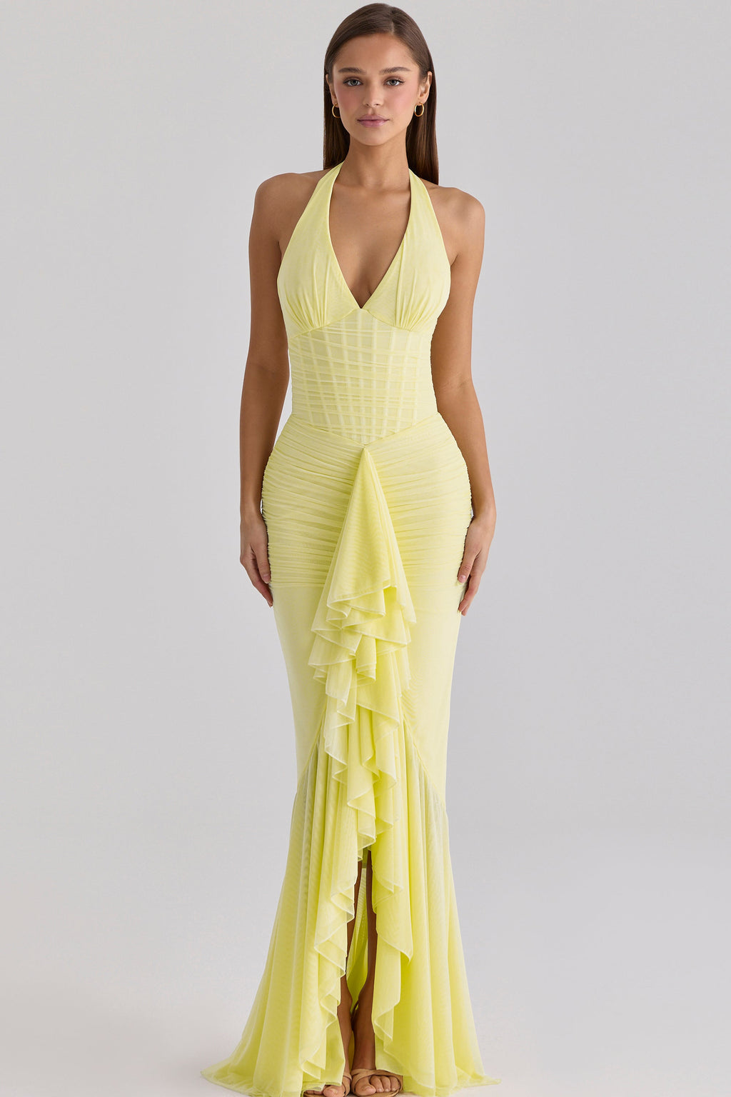 Talia Mesh Corset Ruched Asymmetric Maxi Dress - Yellow