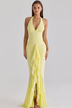 Talia Mesh Corset Ruched Asymmetric Maxi Dress - Yellow