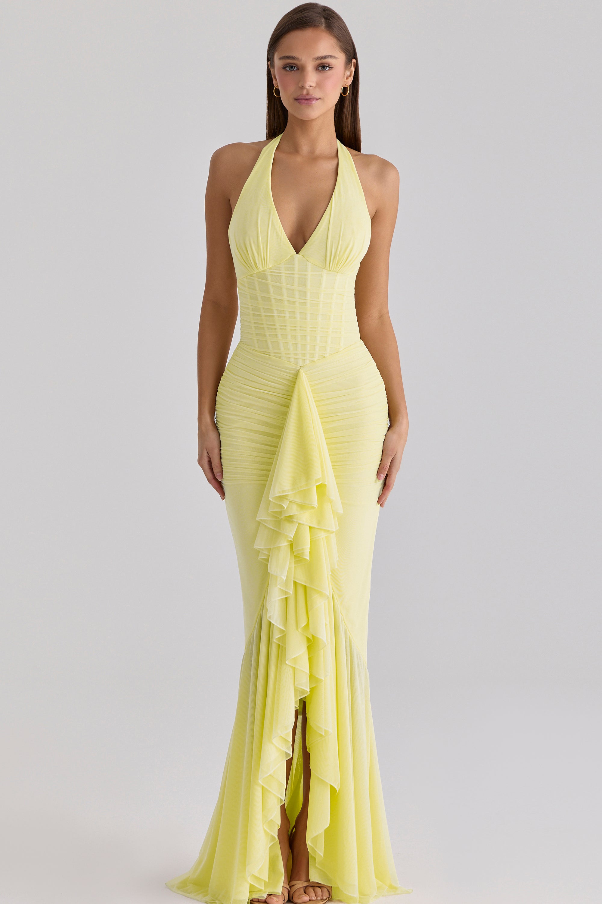 Talia Mesh Corset Ruched Asymmetric Maxi Dress - Yellow