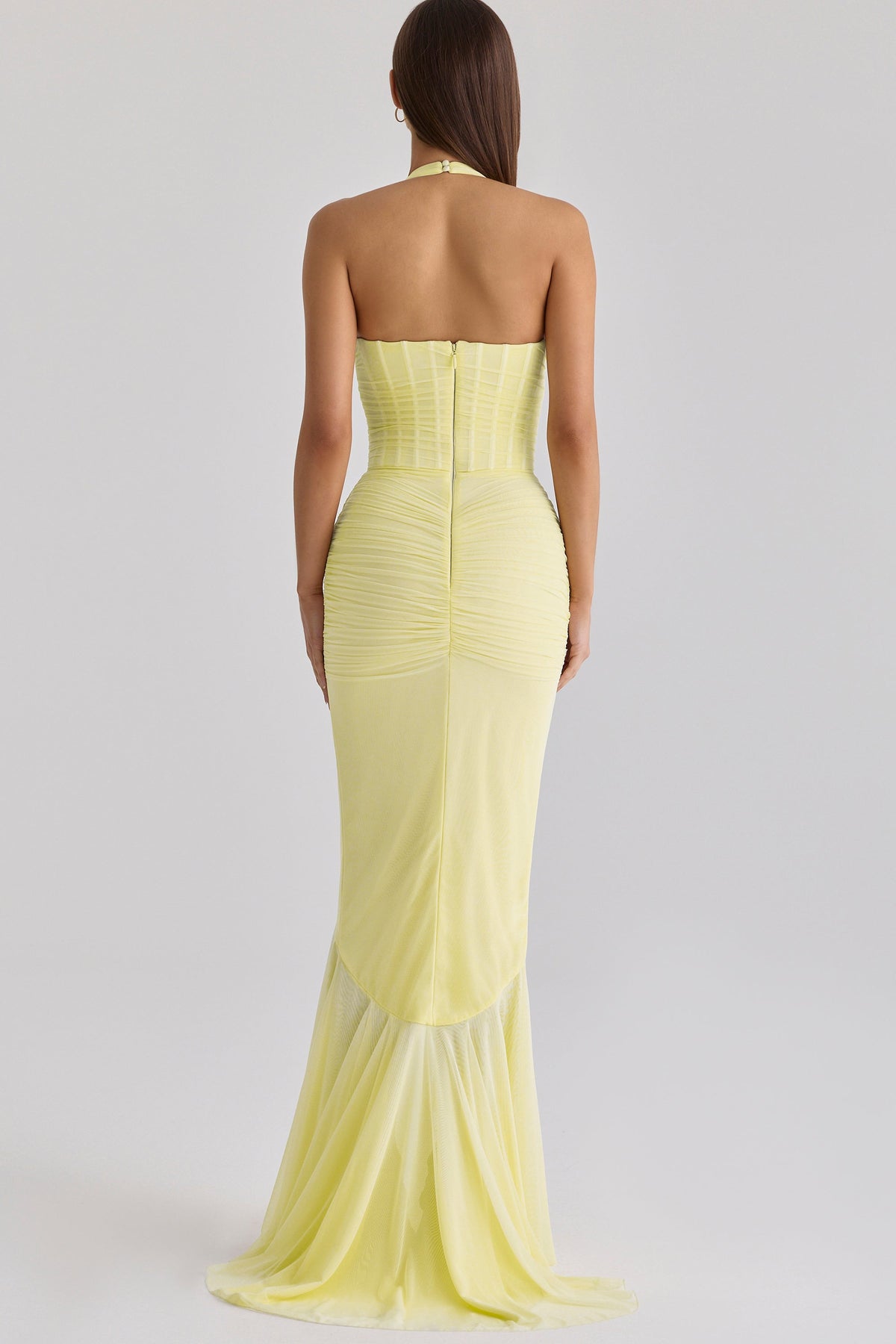 Talia Mesh Corset Ruched Asymmetric Maxi Dress - Yellow