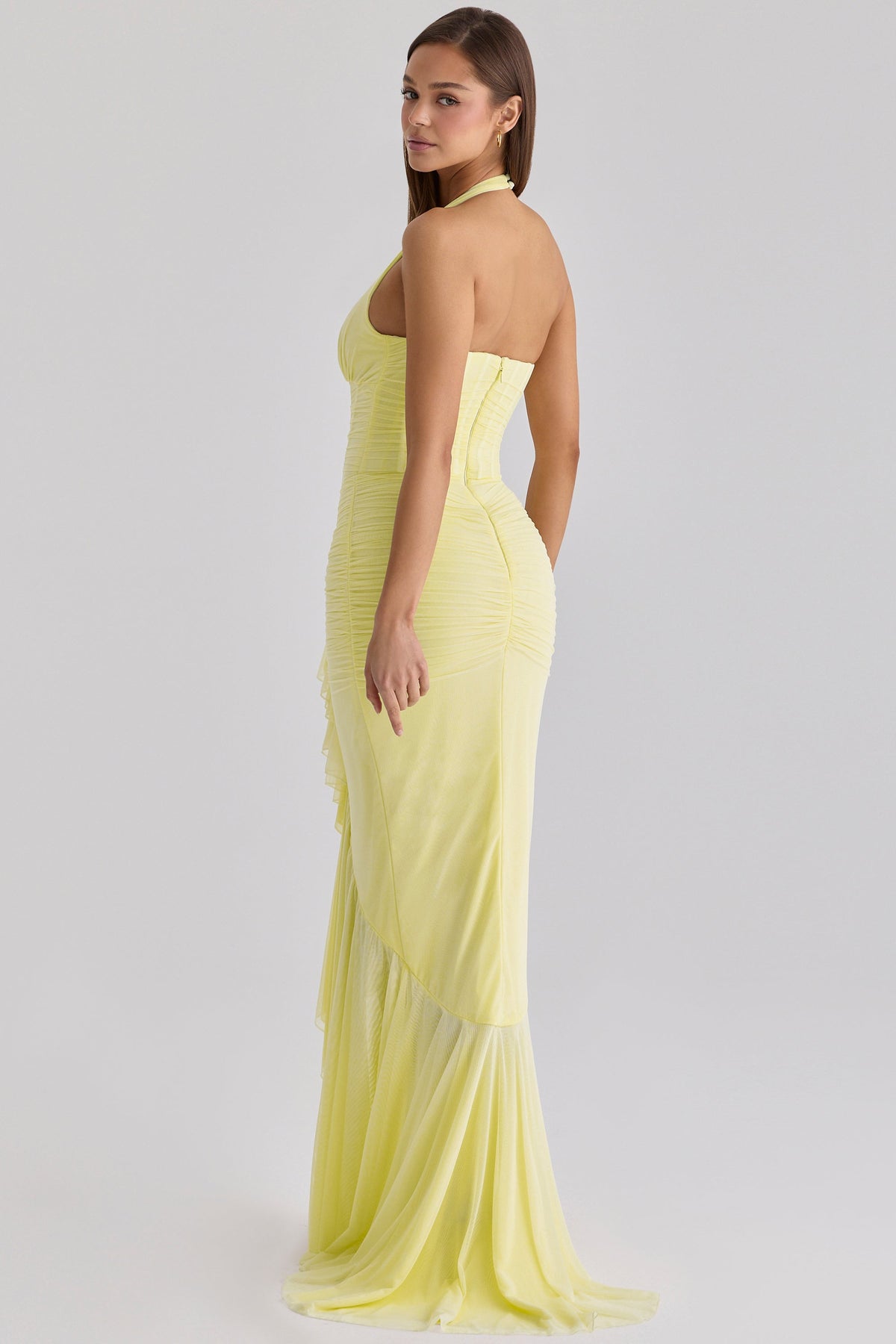 Talia Mesh Corset Ruched Asymmetric Maxi Dress - Yellow