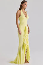 Talia Mesh Corset Ruched Asymmetric Maxi Dress - Yellow