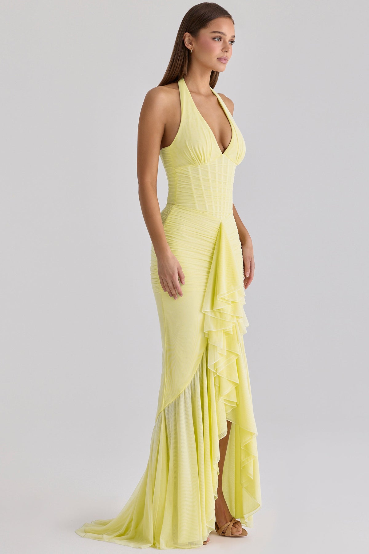 Talia Mesh Corset Ruched Asymmetric Maxi Dress - Yellow