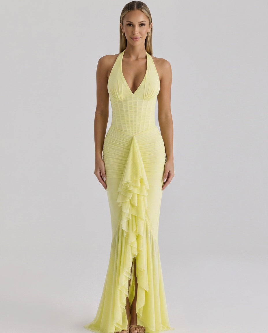 Talia Mesh Corset Ruched Asymmetric Maxi Dress - Yellow