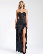 Talia Satin Sheen Lace Corset Slit Maxi Dress - Black