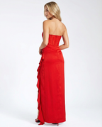 Talia Satin Sheen Lace Corset Slit Maxi Dress - Red