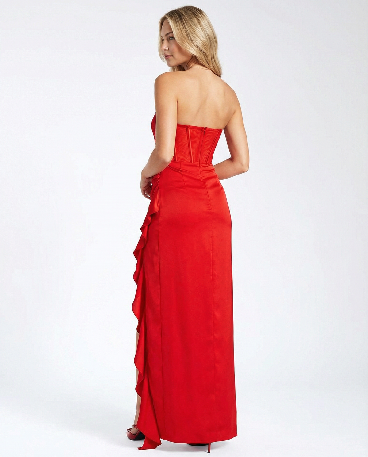 Talia Satin Sheen Lace Corset Slit Maxi Dress - Red