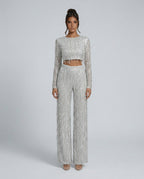 Talia Sequin And Beaded Wide Leg Two Piece Set - Silver