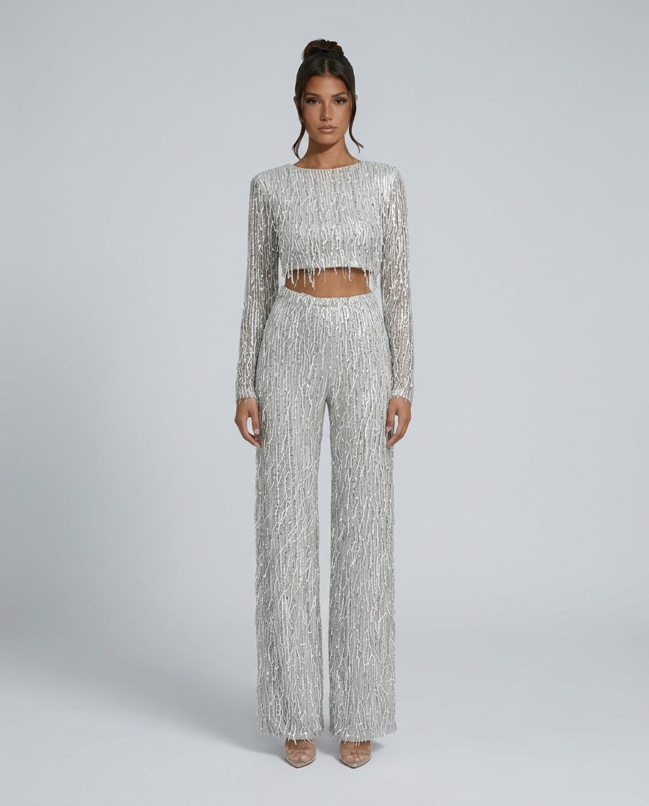 Talia Sequin And Beaded Wide Leg Two Piece Set - Silver