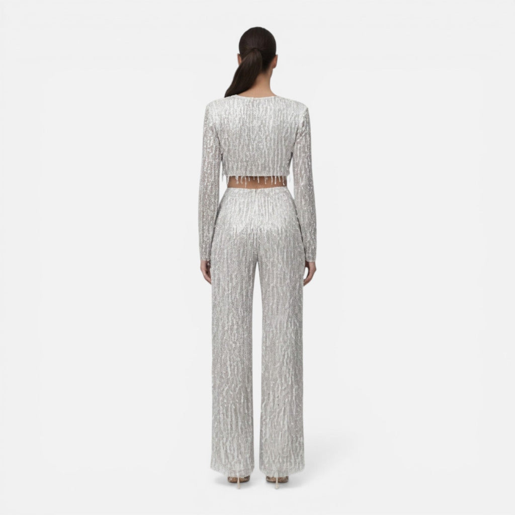 Talia Sequin And Beaded Wide Leg Two Piece Set - Silver
