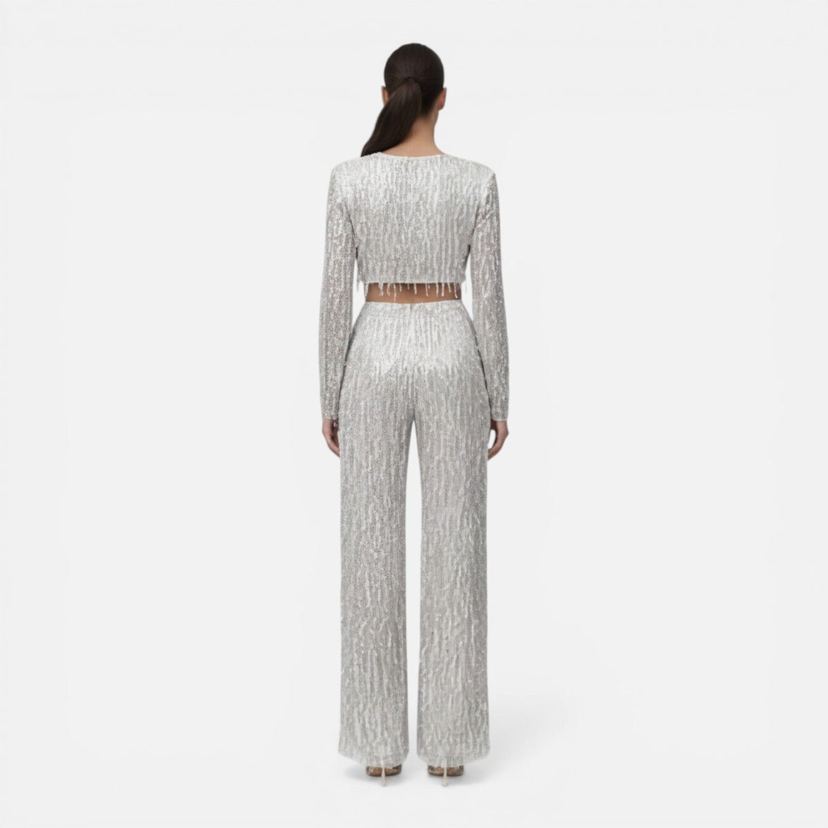 Talia Sequin And Beaded Wide Leg Two Piece Set - Silver