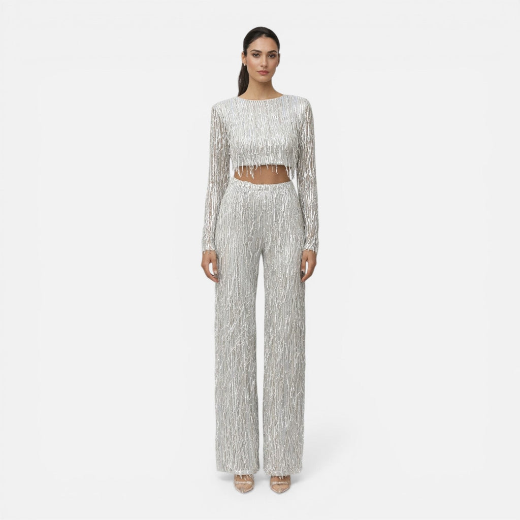 Talia Sequin And Beaded Wide Leg Two Piece Set - Silver