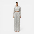 Talia Sequin And Beaded Wide Leg Two Piece Set - Silver