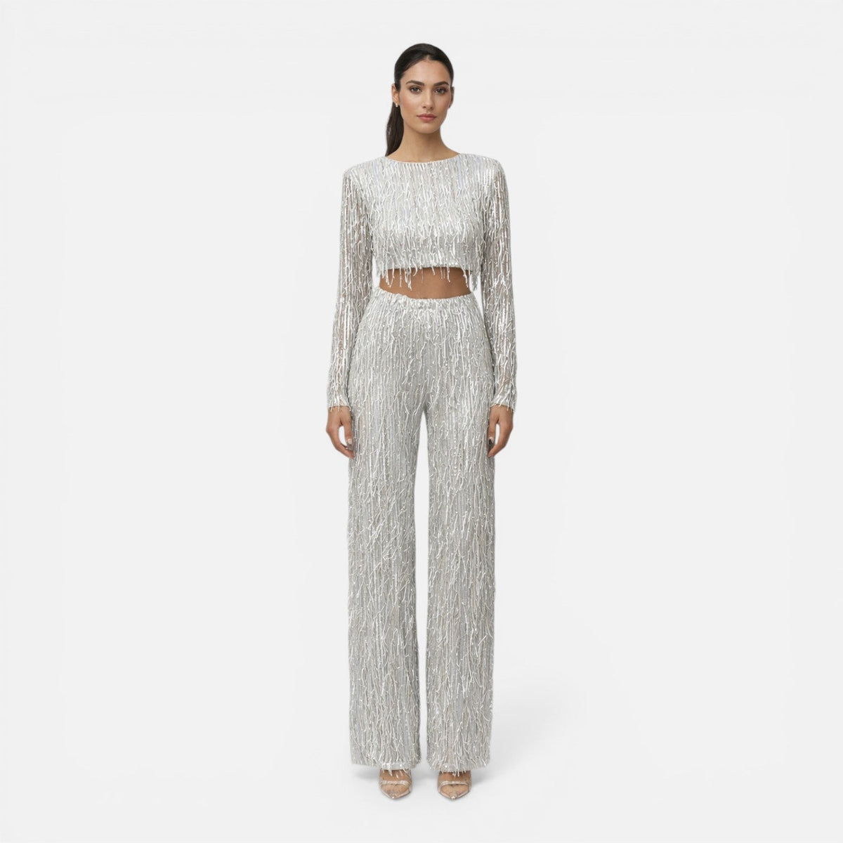 Talia Sequin And Beaded Wide Leg Two Piece Set - Silver