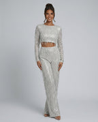 Talia Sequin And Beaded Wide Leg Two Piece Set - Silver
