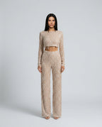 Talia Sequin And Beaded Wide Leg Two Piece Set - Beige