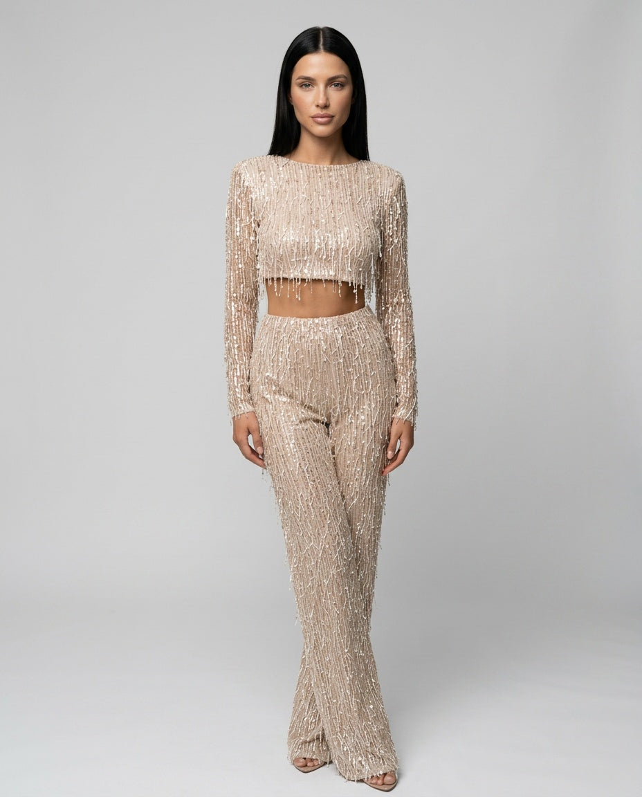 Talia Sequin And Beaded Wide Leg Two Piece Set - Beige