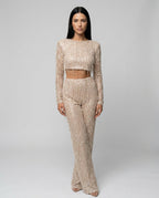 Talia Sequin And Beaded Wide Leg Two Piece Set - Beige
