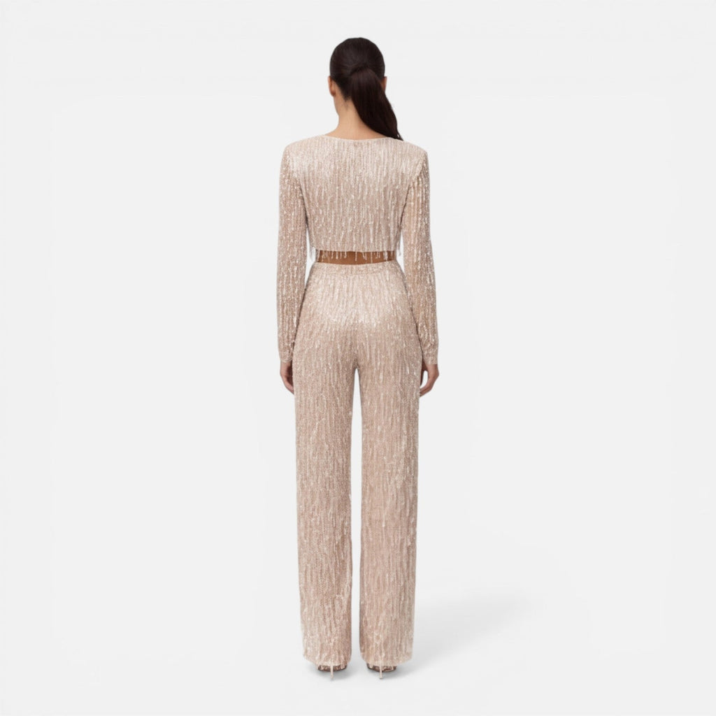 Talia Sequin And Beaded Wide Leg Two Piece Set - Beige