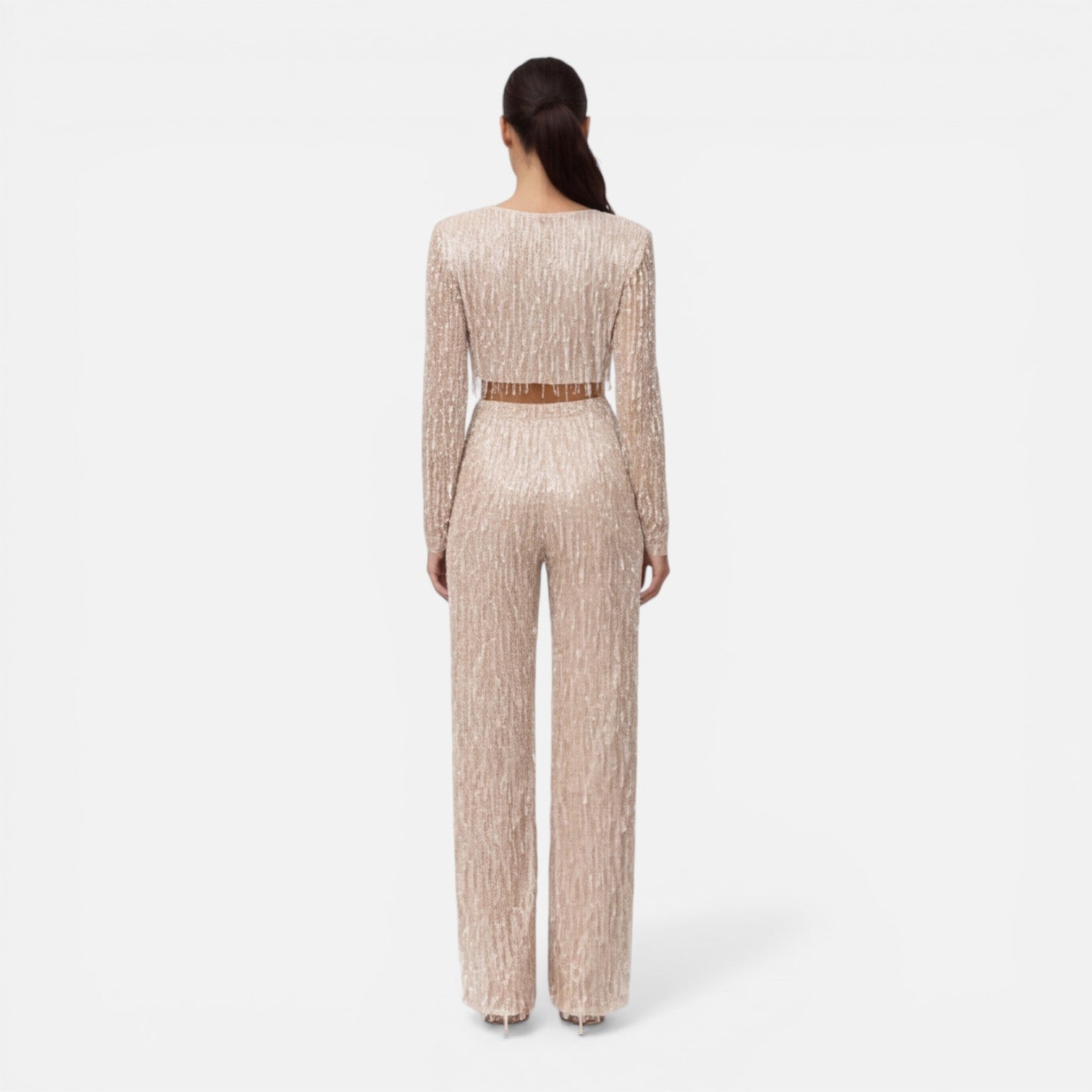 Talia Sequin And Beaded Wide Leg Two Piece Set - Beige