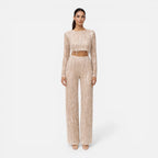 Talia Sequin And Beaded Wide Leg Two Piece Set - Beige