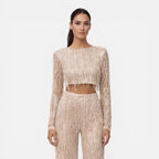 Talia Sequin And Beaded Wide Leg Two Piece Set - Beige